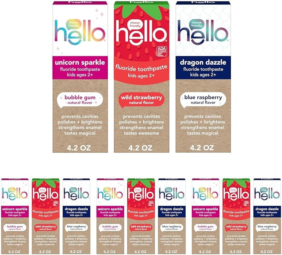 imageHello Kids Fluoride Toothpaste Variety Pack Includes a Strawberry Toothpaste Unicorn Bubble Gum Toothpaste and Blue Raspberry Toothpaste Safe for Ages 2 and Up 3 Pack 42 Oz EachVariety Pack