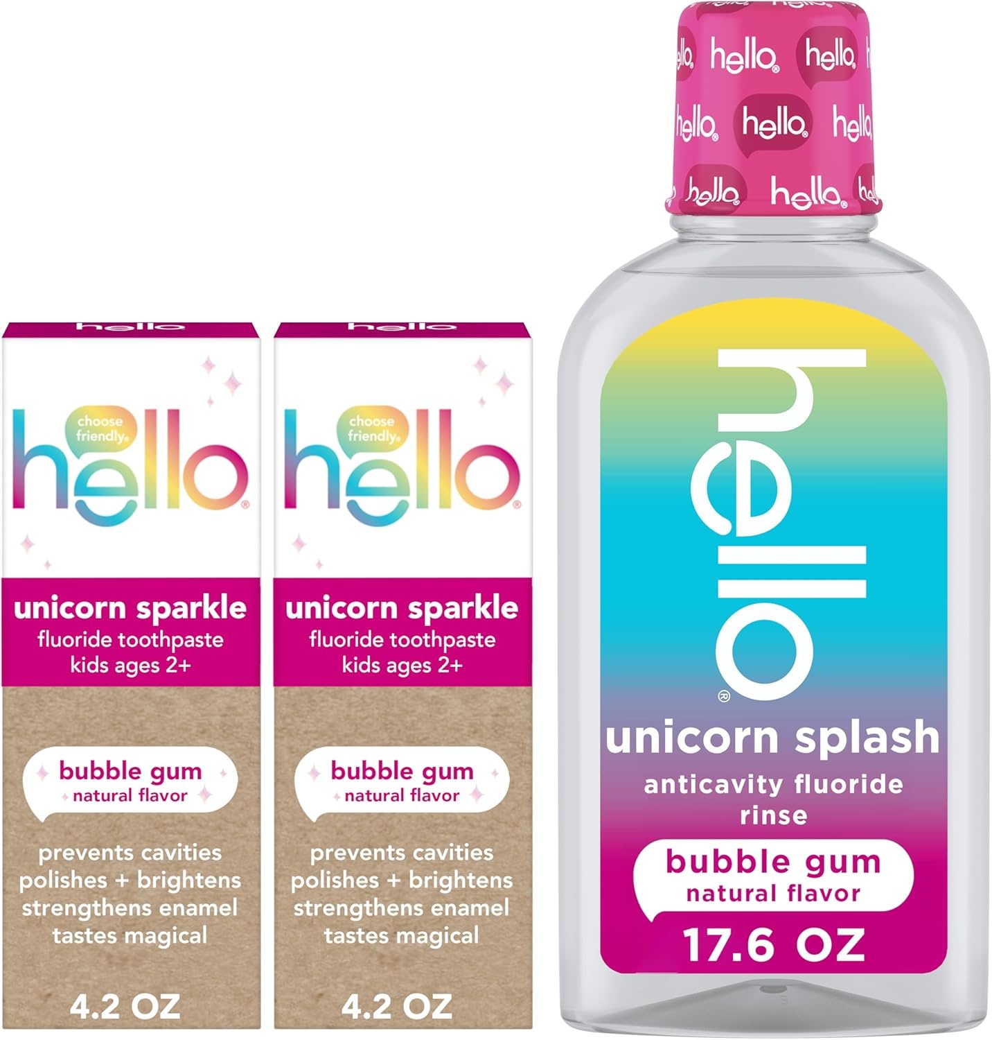 imageHello Kids Fluoride Toothpaste Variety Pack Includes a Strawberry Toothpaste Unicorn Bubble Gum Toothpaste and Blue Raspberry Toothpaste Safe for Ages 2 and Up 3 Pack 42 Oz EachBubble Gum Bundle