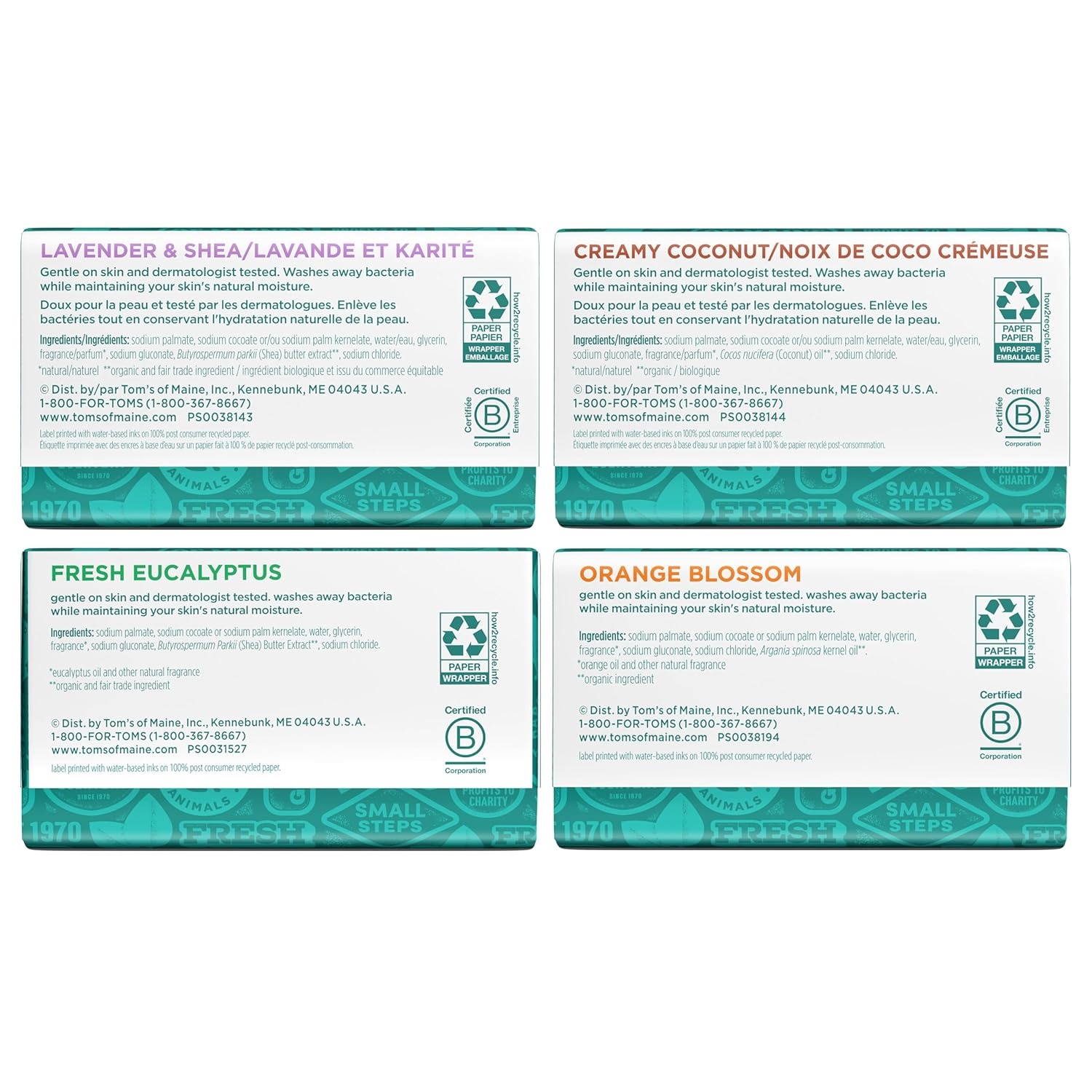 imageToms of Maine Natural Bar Soap Variety Pack Lavender amp Shea Creamy Coconut Orange Blossom Lemon Bergamot Dermatologically Tested Paraben Free Vegan 4 CountVariety Pack