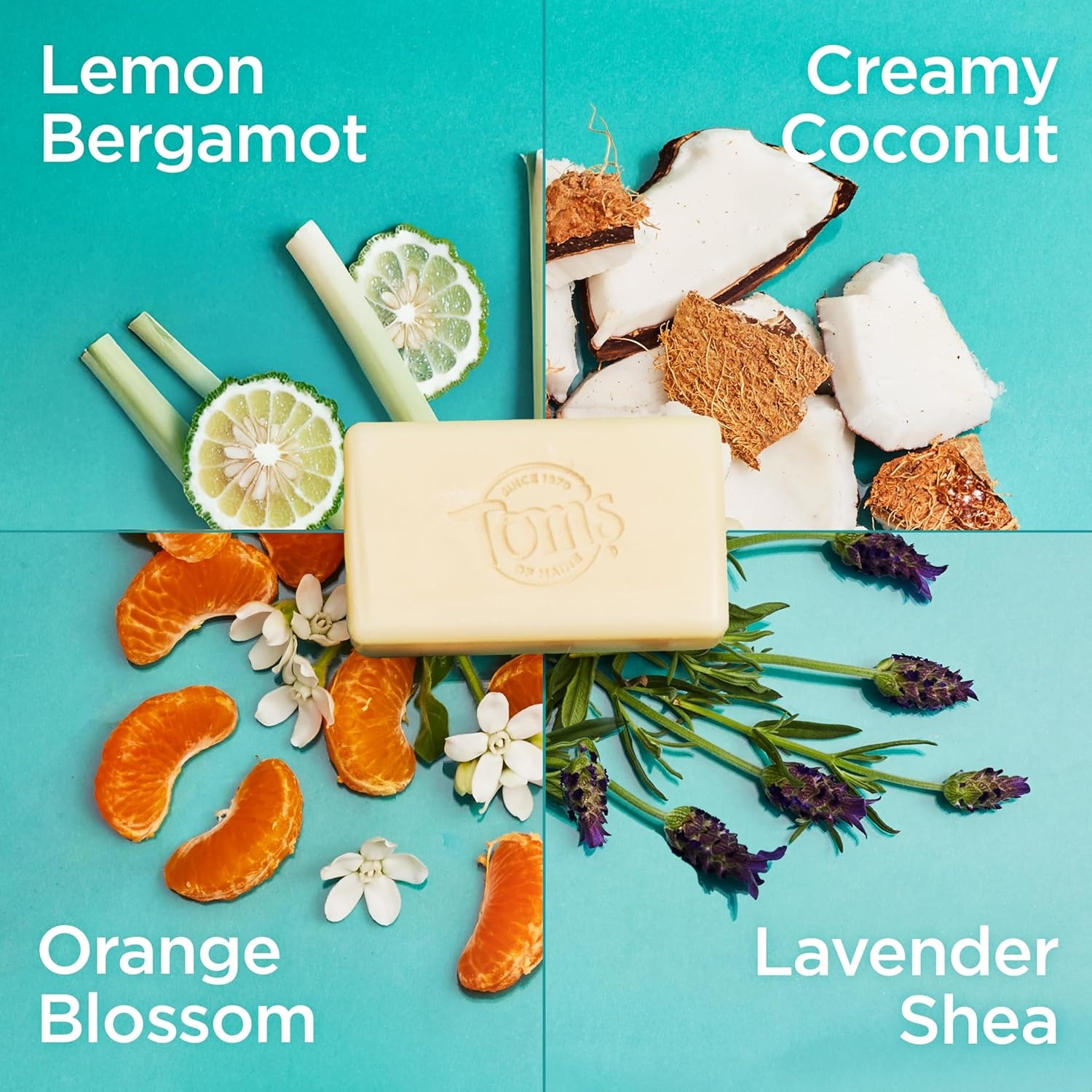 imageToms of Maine Natural Bar Soap Variety Pack Lavender amp Shea Creamy Coconut Orange Blossom Lemon Bergamot Dermatologically Tested Paraben Free Vegan 4 CountVariety Pack