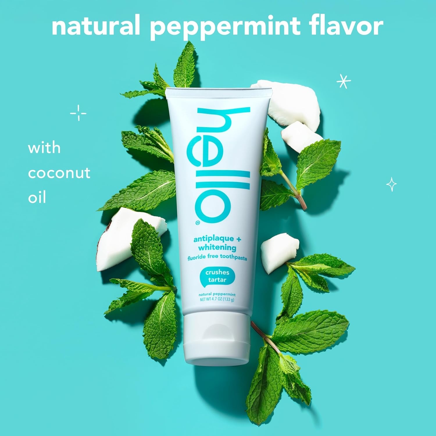 imagehello Antiplaque and Whitening Fluoride Free Toothpaste Whitening Toothpaste with Coconut Oil and Tea Tree Oil Helps Whiten Teeth Natural Peppermint 3 Pack 47 Oz Tubes47 Ounce Pack of 3