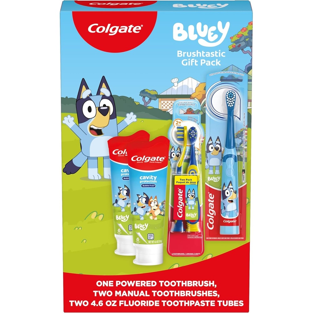 imageColgate Kids Bluey Toothbrush and Kids Toothpaste Gift Set Includes BlueyThemed Battery Toothbrush 2 Bubblegum Flavored Fluoride Toothpastes and 2 Manual ToothbrushesBluey