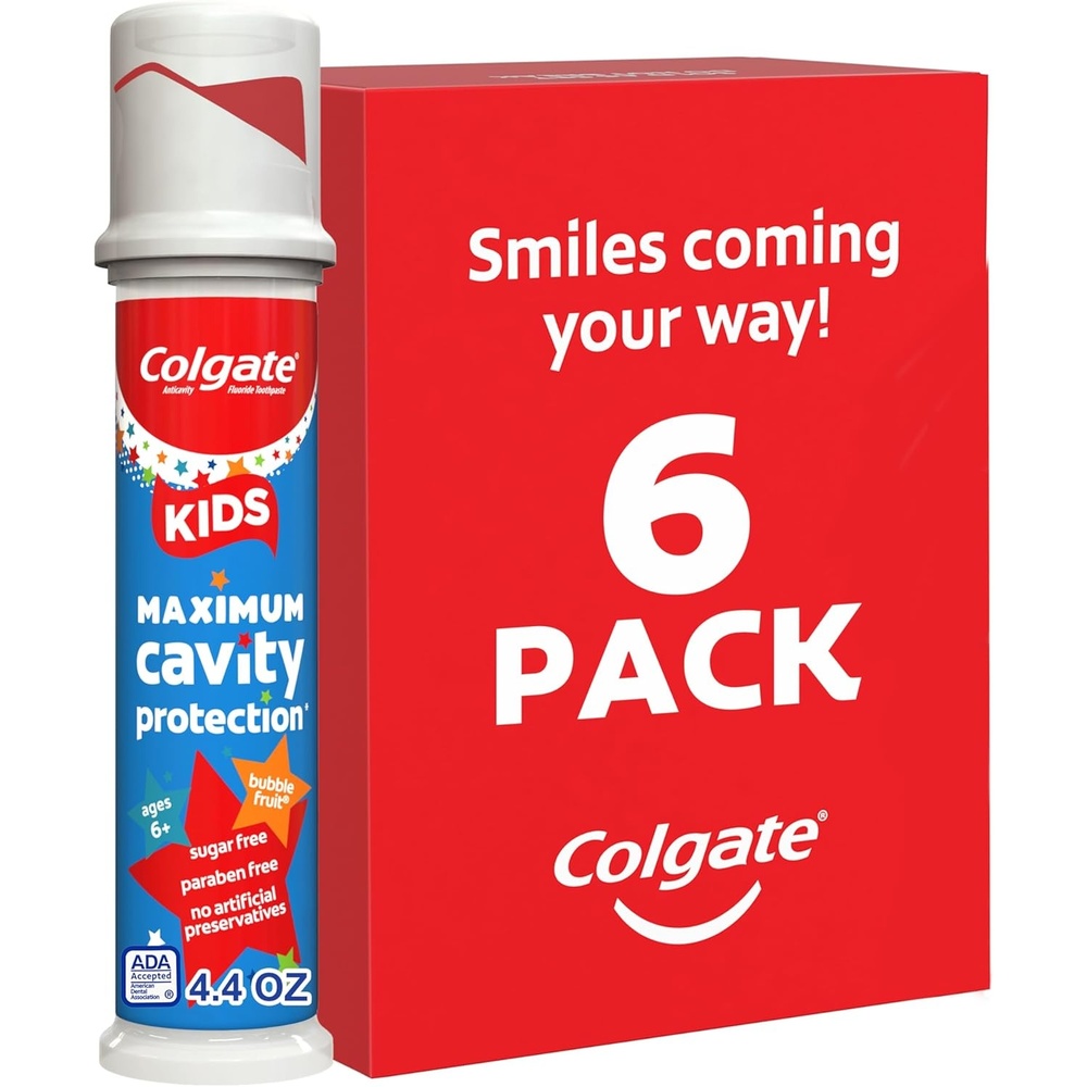 imageColgate Kids Toothpaste Pump with Fluoride for Cavity Protection Ages 6 ADA Accepted Bubble Fruit 44 Ounce 6 Pack