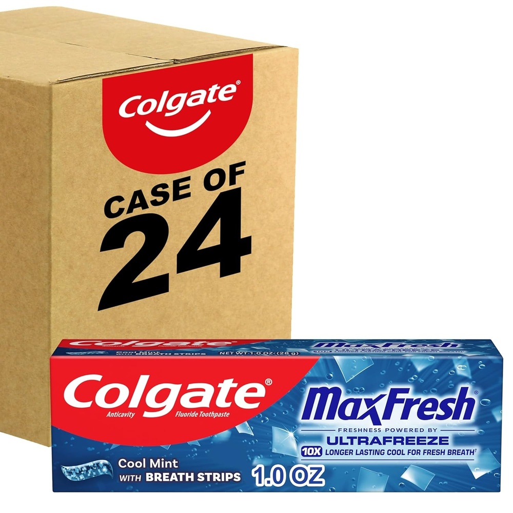 imageColgate MaxFresh Cool Mint Toothpaste Travel Size Toothpaste for Bad Breath with Fluoride and Hundreds of Mini Breath Strips Leaves Mouth Feeling Refreshed for Hours Fights Cavities 10 oz