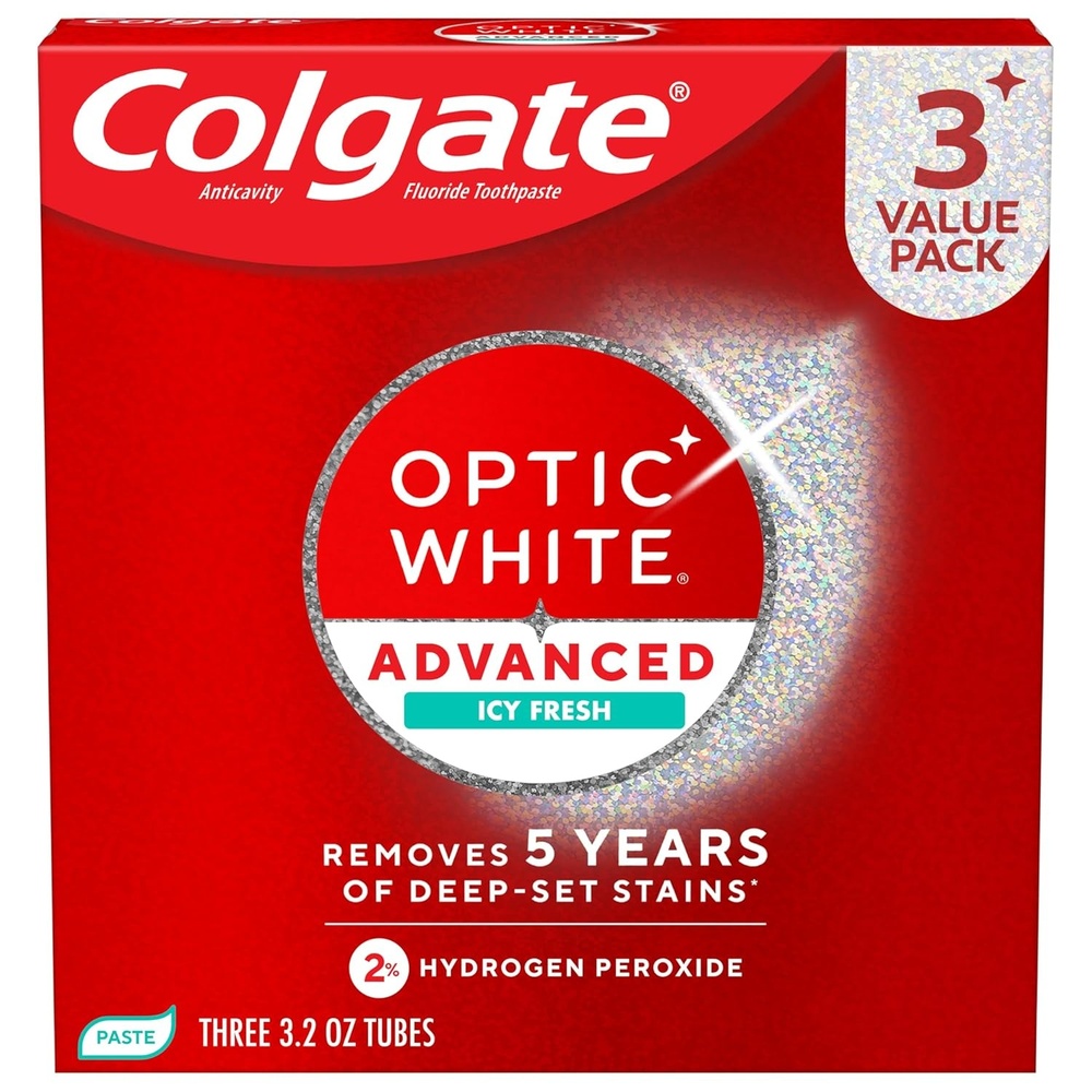imageColgate Optic White Advanced Hydrogen Peroxide Toothpaste Teeth Whitening Toothpaste Pack EnamelSafe Formula Helps Remove Tea Coffee and Wine Stains Sparkling White 3 Pack 32 oz96 Ounce Pack of 1