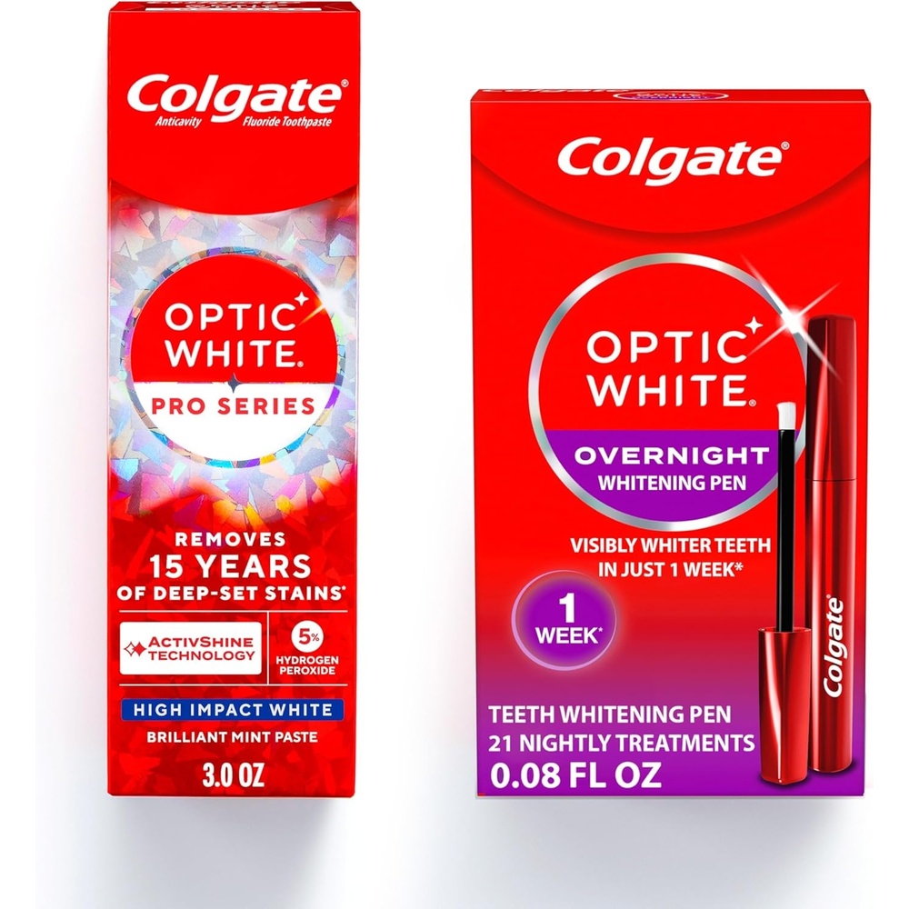 imageColgate Optic White Overnight Whitening Kit Teeth Whitening Pen 21 Nightly Treatments and Pro Series High Impact White Toothpaste Designed for No Tooth Sensitivity