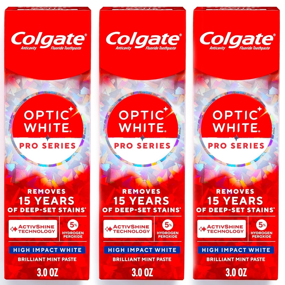 imageColgate Optic White Pro Series High Impact White 3 Pack Teeth Whitening Toothpaste with 5 Hydrogen Peroxide and ActivShine Brilliant Mint Flavor 30 OZ
