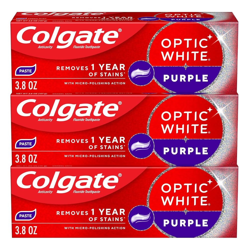 imageColgate Optic White Purple Teeth Whitening Toothpaste 3 Pack Anticavity Toothpaste with Fluoride Fresh Mint Flavor 38 OZ