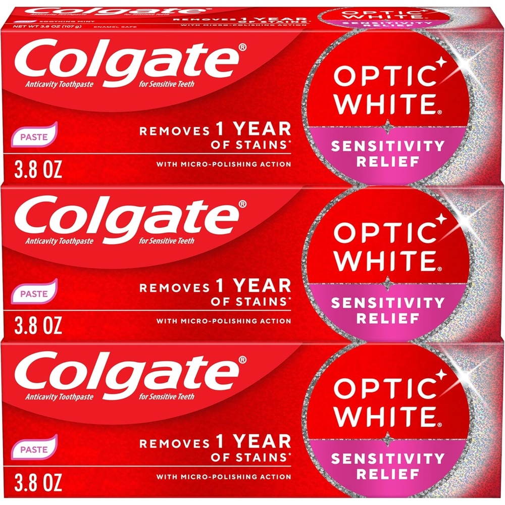 imageColgate Optic White Sensitivity Relief Teeth Whitening Toothpaste 3 Pack Anticavity Toothpaste for Sensitive Teeth Fluoride Enamel Safe Soothing Mint Flavor 38 OZ