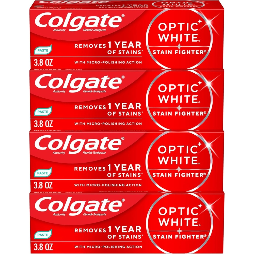 imageColgate Optic White Stain Fighter Clean Mint Paste Teeth Whitening Toothpaste 4 Pack Anticavity Toothpaste with Fluoride Enamel Safe Teeth Stain Remover 38 OZ