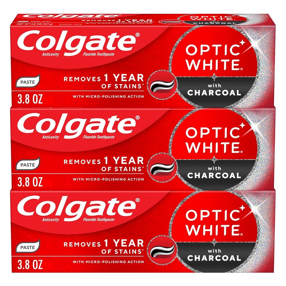 imageColgate Optic White with Charcoal Teeth Whitening Toothpaste Anticavity Toothpaste with Fluoride Cool Mint Flavor 3 Pack 38 OZ38 Ounce Pack of 3