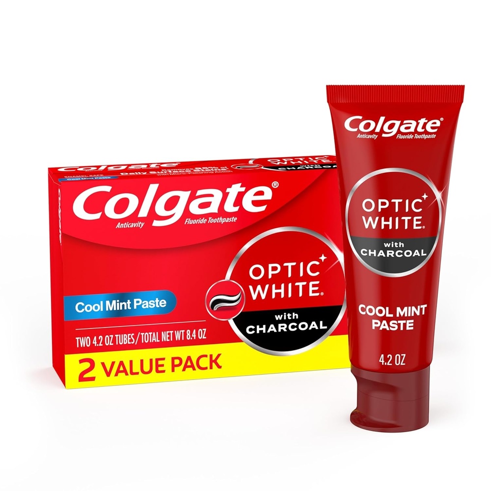 imageColgate Optic White with Charcoal Teeth Whitening Toothpaste Anticavity Toothpaste with Fluoride Cool Mint Flavor 3 Pack 38 OZ42 Ounce Pack of 2
