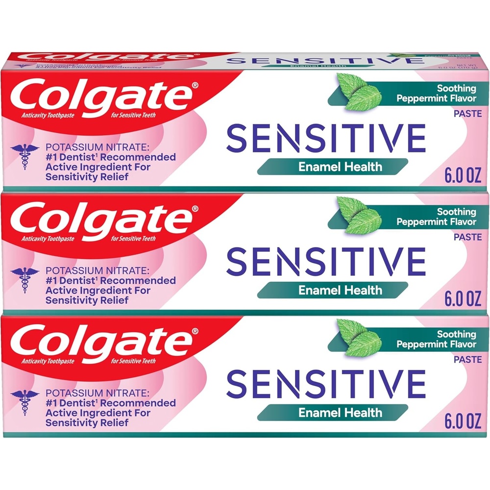 imageColgate Sensitive Enamel Health Toothpaste for Sensitive Teeth 3 Pack Toothpaste with Fluoride and 5 Potassium Nitrate Helps Prevent Bad Breath Soothing Peppermint Flavor 6 oz 3 Pack18 Ounce Pack of 1