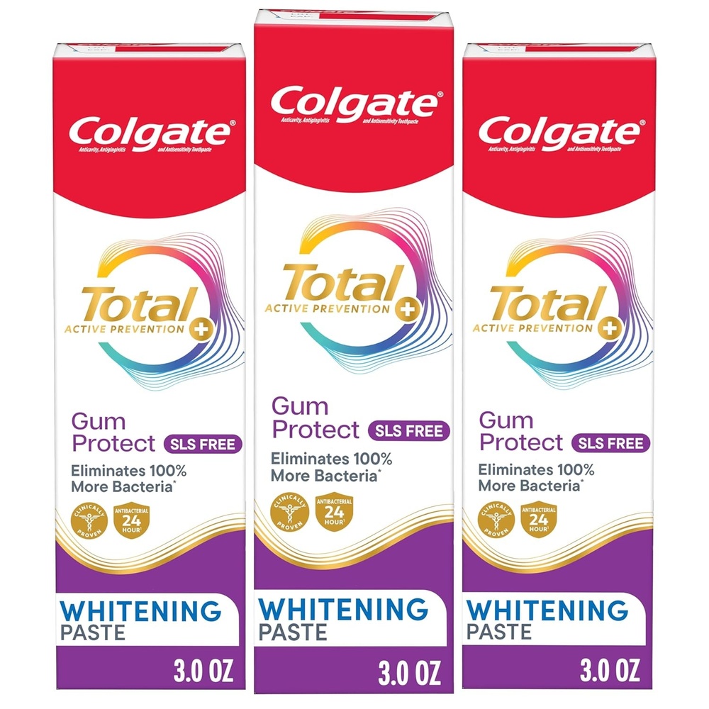 imageColgate Total Active Prevention Gum Protect Whitening Toothpaste 3 Pack SLS Free Gingivitis Toothpaste for Bleeding Gums Redness Inflammation Irritation and Sensitivity 30 oz3 Ounce Pack of 3