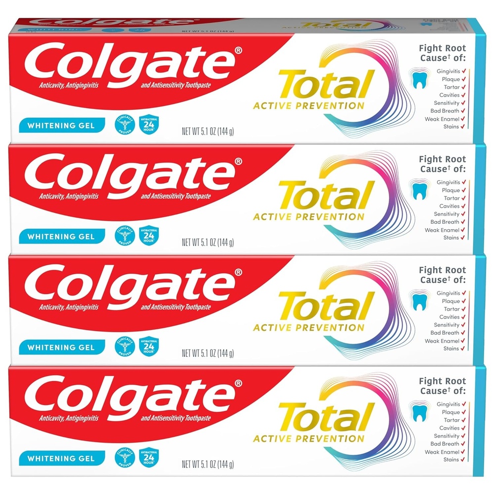 imageColgate Total Active Prevention Whitening Gel Toothpaste with Fluoride Bulk with Clinically Proven Formula That Fights Plaque Bacteria Mint 4 Pack 51 oz
