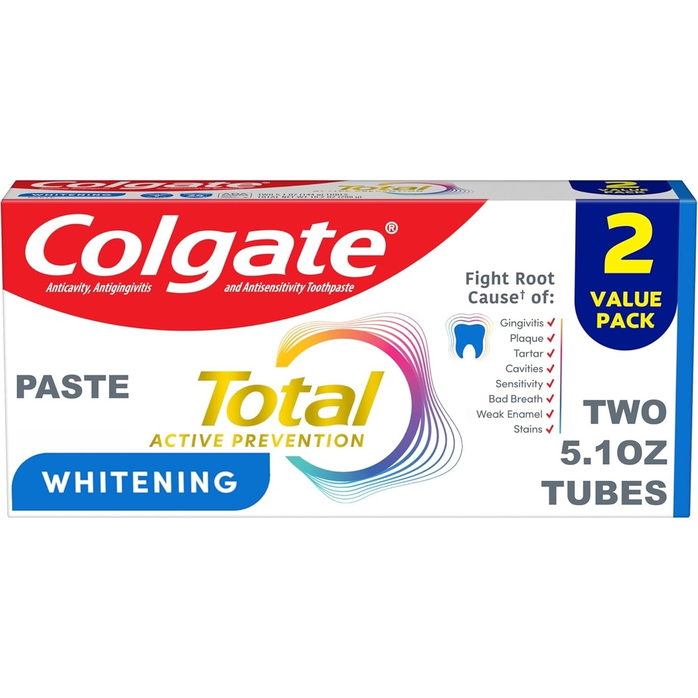 imageColgate Total Whitening Toothpaste Paste 51 oz 2 Pack Fluoride Antibacterial for Plaque Gingivitis Sensitivity Stain Removal Clinically Proven Mint102 Ounce Pack of 12