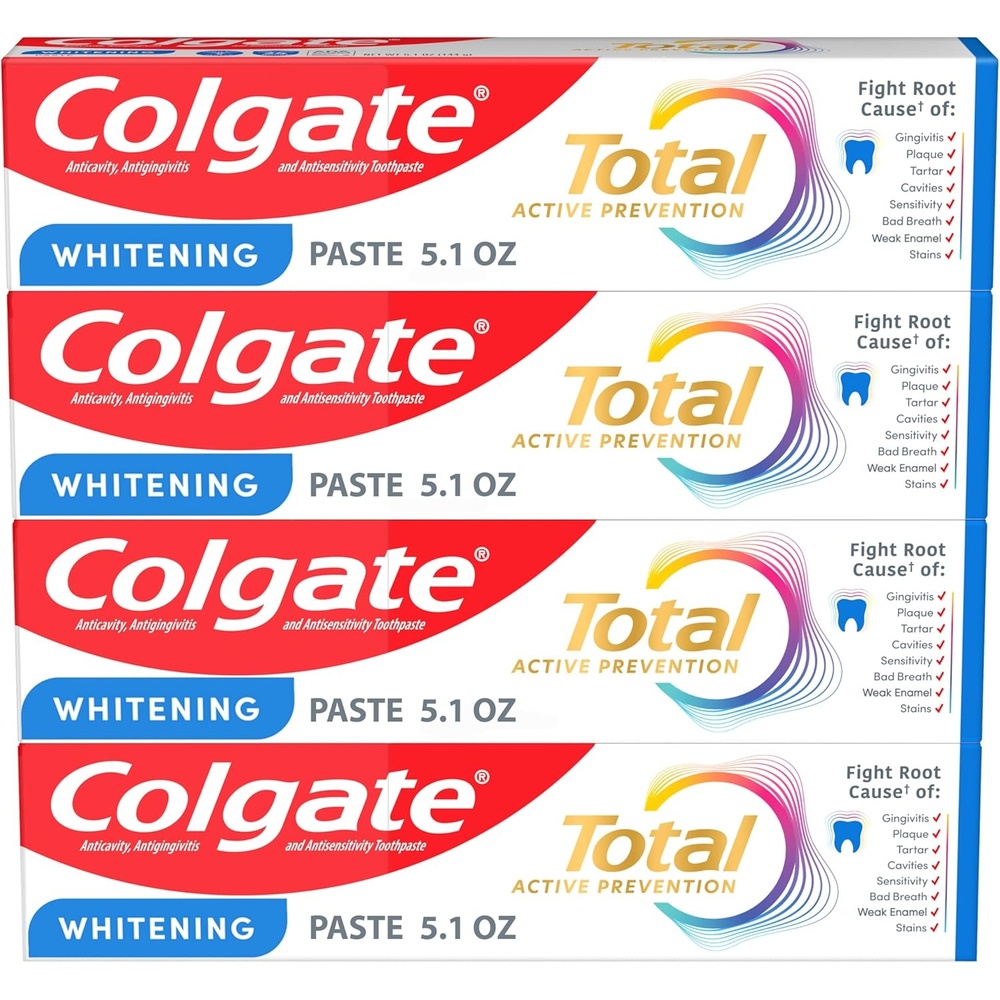 imageColgate Total Whitening Toothpaste Paste 51 oz 4 Pack Fluoride Antibacterial for Plaque Gingivitis Sensitivity Stain Removal Clinically Proven Mint Teeth Whitening Stannous Fluoride51 Fl Oz Pack of 24