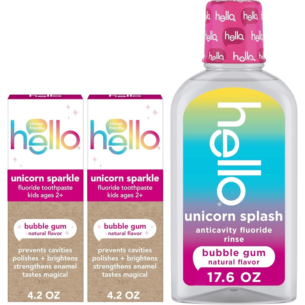imageHello Kids Fluoride Toothpaste Variety Pack Includes a Strawberry Toothpaste Unicorn Bubble Gum Toothpaste and Blue Raspberry Toothpaste Safe for Ages 2 and Up 3 Pack 42 Oz EachBubble Gum Bundle