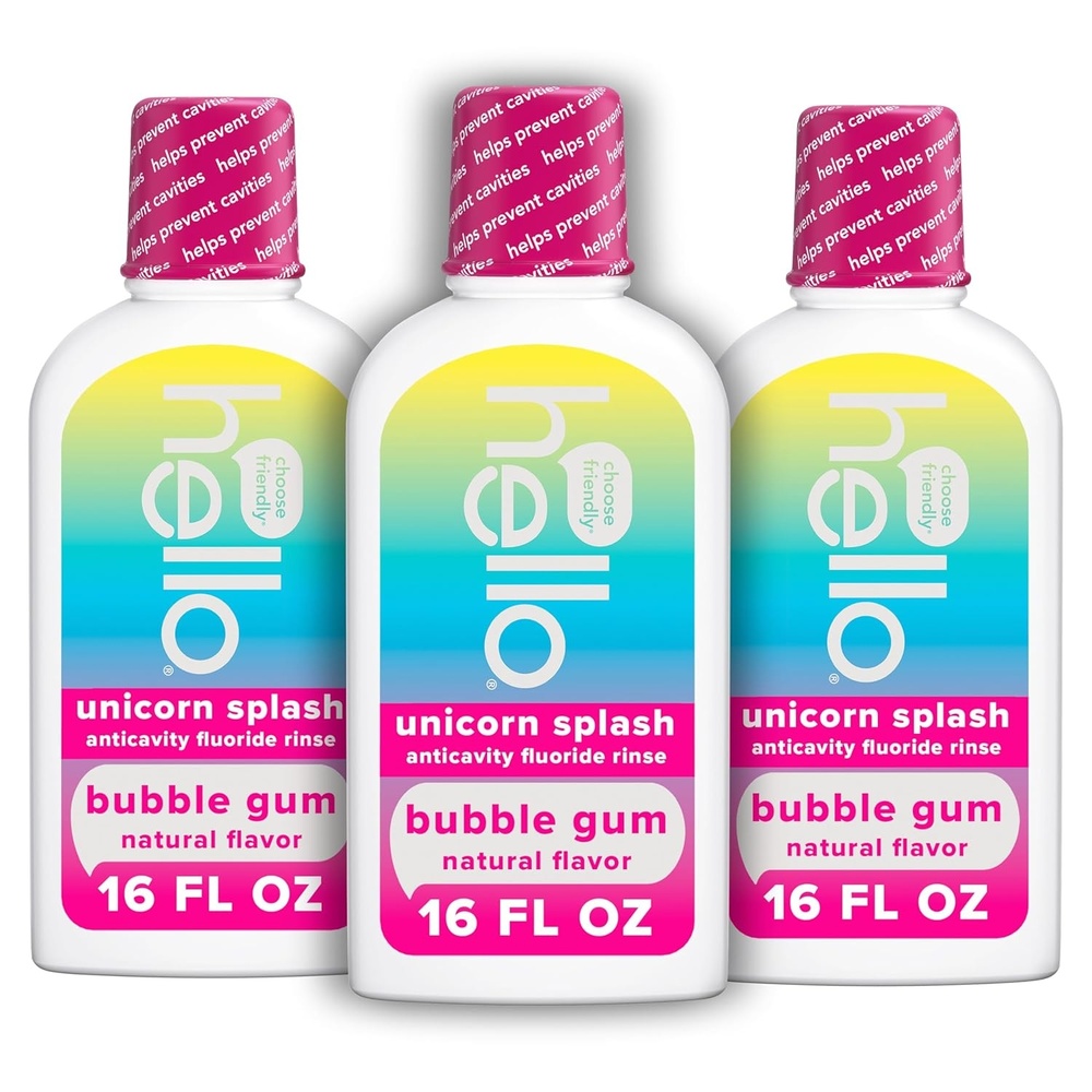imageHello Kids Mouthwash with Unicorn Bubble Gum Flavor Alcohol Free Mouthwash for Kids with Fluoride Safe for Ages 6 and Up Anticavity Vegan No Alcohol No Dyes 16 Oz Bottles Pack of 3Bubblegum