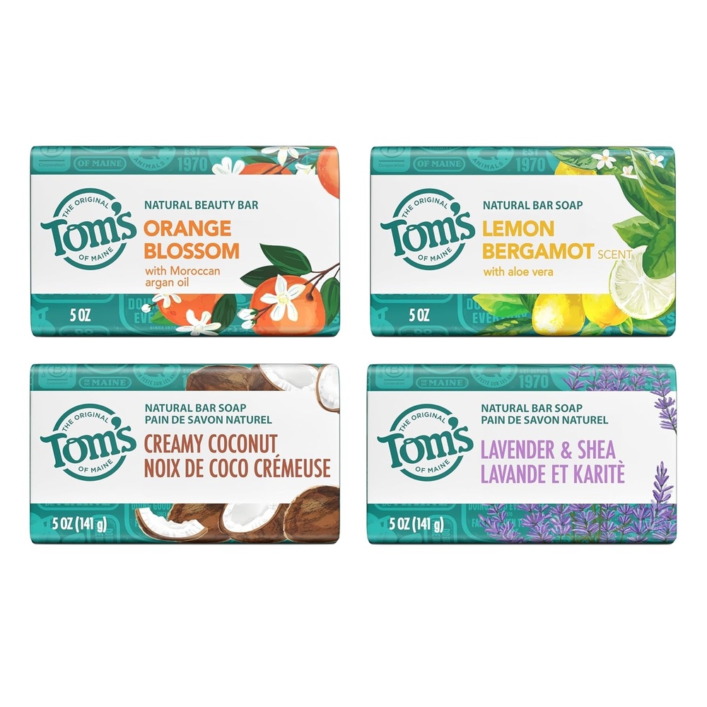 imageToms of Maine Natural Bar Soap Variety Pack Lavender amp Shea Creamy Coconut Orange Blossom Lemon Bergamot Dermatologically Tested Paraben Free Vegan 4 CountVariety Pack