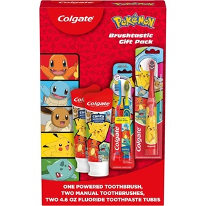 Colgate Kids Bluey Toothbrush and Kids Toothpaste Gift Set, Includes Bluey-Themed Battery Toothbrush, 2 Bubblegum Flavored Fluoride Toothpastes, and 2 Manual Toothbrushes(Pokemon)