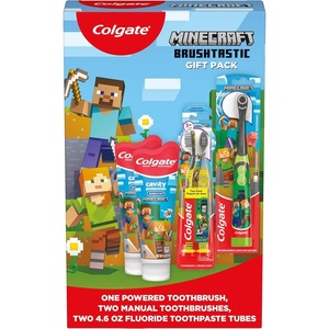 Colgate Kids Bluey Toothbrush and Kids Toothpaste Gift Set, Includes Bluey-Themed Battery Toothbrush, 2 Bubblegum Flavored Fluoride Toothpastes, and 2 Manual Toothbrushes(Minecraft)