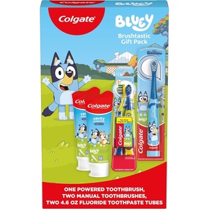 Colgate Kids Bluey Toothbrush and Kids Toothpaste Gift Set, Includes Bluey-Themed Battery Toothbrush, 2 Bubblegum Flavored Fluoride Toothpastes, and 2 Manual Toothbrushes(Bluey)