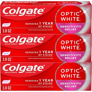 Colgate Optic White Sensitivity Relief Teeth Whitening Toothpaste, 3 Pack, Anticavity Toothpaste for Sensitive Teeth, Fluoride, Enamel Safe, Soothing Mint Flavor, 3.8 OZ