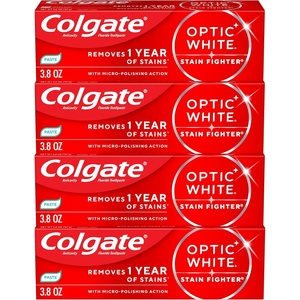 Colgate Optic White Stain Fighter Clean Mint Paste Teeth Whitening Toothpaste, 4 Pack, Anticavity Toothpaste with Fluoride, Enamel Safe Teeth Stain Remover, 3.8 OZ