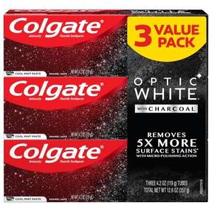 Colgate Optic White with Charcoal Teeth Whitening Toothpaste, Anticavity Toothpaste with Fluoride, Cool Mint Flavor, 3 Pack, 3.8 OZ(0.33 Ounce (Pack of 3))