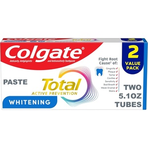Colgate Total Whitening Toothpaste Paste, 5.1 oz, 2 Pack, Fluoride Antibacterial for Plaque, Gingivitis, Sensitivity, Stain Removal, Clinically Proven, Mint(10.2 Ounce (Pack of 12))