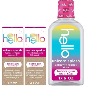 Hello Kids Fluoride Toothpaste Variety Pack, Includes a Strawberry Toothpaste, Unicorn Bubble Gum Toothpaste, and Blue Raspberry Toothpaste, Safe for Ages 2 and Up, 3 Pack, 4.2 Oz Each(Bubble Gum Bundle)