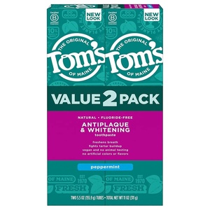 Tom’s of Maine Fluoride-Free Antiplaque & Whitening Natural Toothpaste, Peppermint, 5.5 oz. (Pack of 2)(Peppermint)