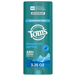 Tom’s of Maine Mountain Spring Natural Deodorant for Men and Women, Aluminum Free, No Artificial Fragrances, Dyes, or Preservatives, Baking Soda Free, 48-Hour Odor Protection, 3.25 oz(Mountain Spring)