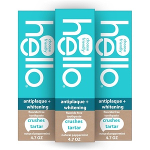 hello Antiplaque and Whitening Fluoride Free Toothpaste, Whitening Toothpaste with Coconut Oil and Tea Tree Oil, Helps Whiten Teeth, Natural Peppermint, 3 Pack, 4.7 Oz Tubes(4.7 Ounce (Pack of 3))