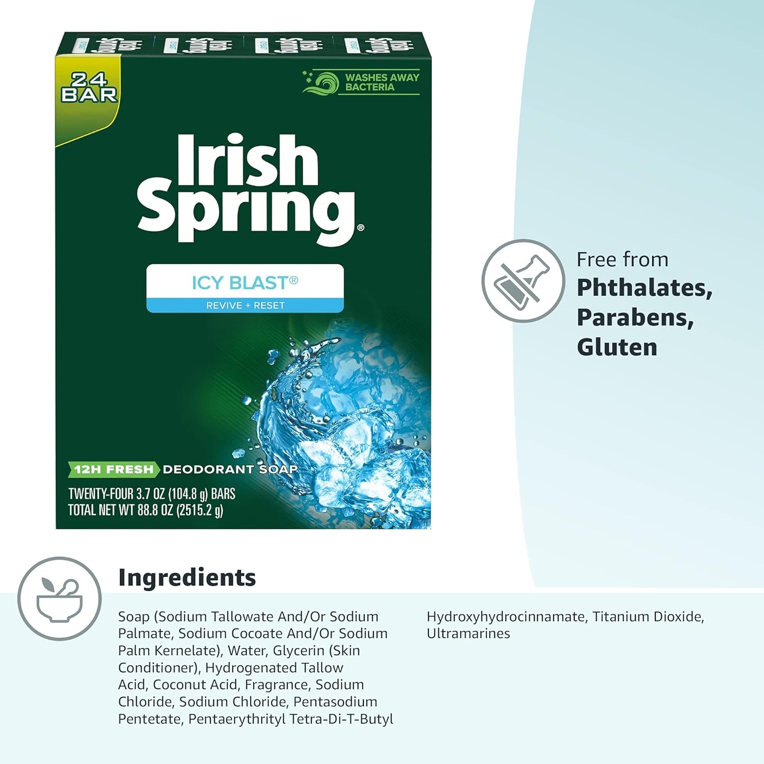 imageIrish Spring Bar Soap for Men Original Clean Smell Fresh and Clean for 12 Hours Men Soap Bars for Washing Hands and Body Mild for Skin Recyclable Carton 37 Ounce 3 Count Pack of 8Icy Blast