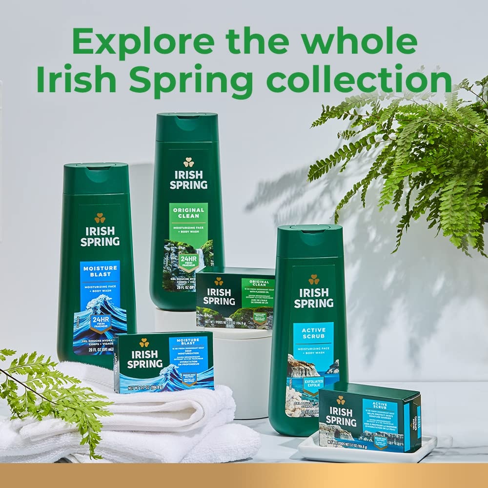 imageIrish Spring Bar Soap for Men Original Clean Smell Fresh and Clean for 12 Hours Men Soap Bars for Washing Hands and Body Mild for Skin Recyclable Carton 37 Ounce 3 Count Pack of 8Active Scrub