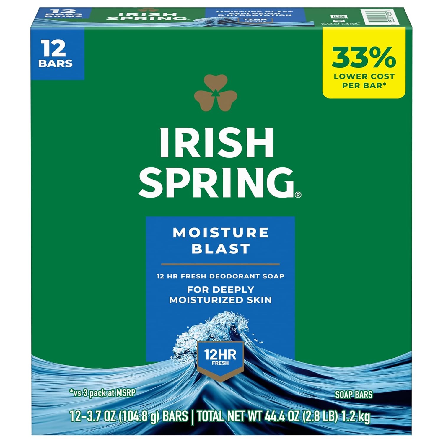 imageIrish Spring Bar Soap for Men Original Clean Smell Fresh and Clean for 12 Hours Men Soap Bars for Washing Hands and Body Mild for Skin Recyclable Carton 37 Ounce 3 Count Pack of 8Moisture Blast