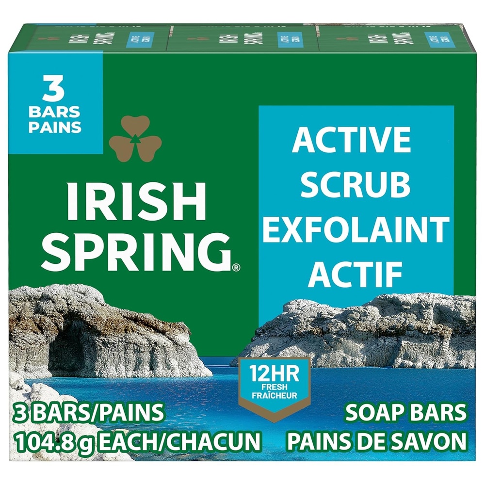 imageIrish Spring Bar Soap for Men Original Clean Smell Fresh and Clean for 12 Hours Men Soap Bars for Washing Hands and Body Mild for Skin Recyclable Carton 37 Ounce 3 Count Pack of 8Active Scrub