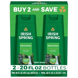 Irish Spring Original Moisturizing Body Wash for Men, 24-Hour Fresh, Face and Body Wash, Men’s Body Wash, Biodegradable Ingredients, Paraben Free, Cool Fresh Scent, 20 fl oz Bottle (2 Pack)(Original Clean)