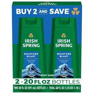 Irish Spring Original Moisturizing Body Wash for Men, 24-Hour Fresh, Face and Body Wash, Men’s Body Wash, Biodegradable Ingredients, Paraben Free, Cool Fresh Scent, 20 fl oz Bottle (2 Pack)(Moisture Blast)